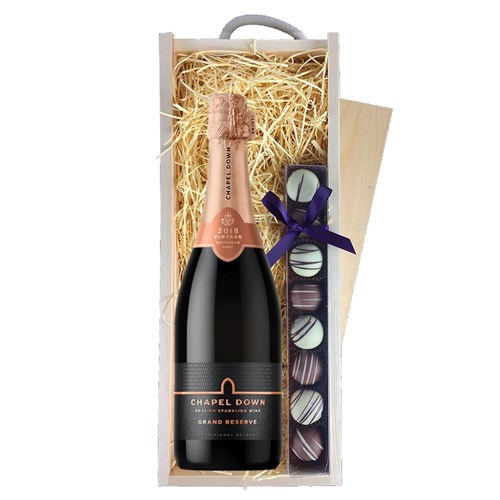 Chapel Down Grand Reserve Brut English Sparkling 75cl & Truffles, Wooden Box